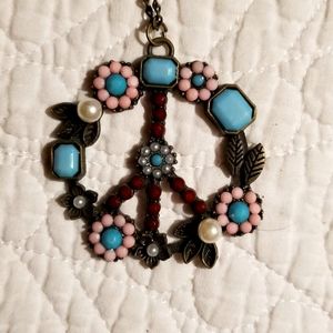 Embellished Peace sign pendant with antique brass 28" chain